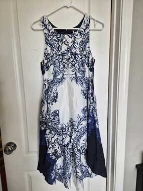 White and Navy Floral Sleeveless Midi Dress